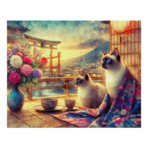 Japanese flower and siamese cat poster