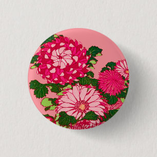 Japanese Flower Border, Fuchsia and Coral Pink 3 Cm Round Badge