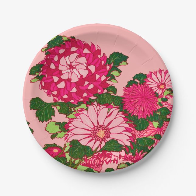 Japanese Flower Border, Fuchsia and Coral Pink Paper Plate (Front)
