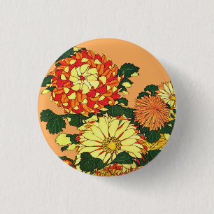 Japanese Flower Border, Mandarin Orange and Gold 3 Cm Round Badge