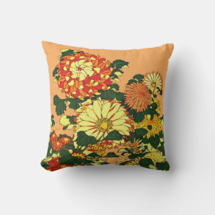 Japanese Flower Border, Mandarin Orange and Gold Cushion