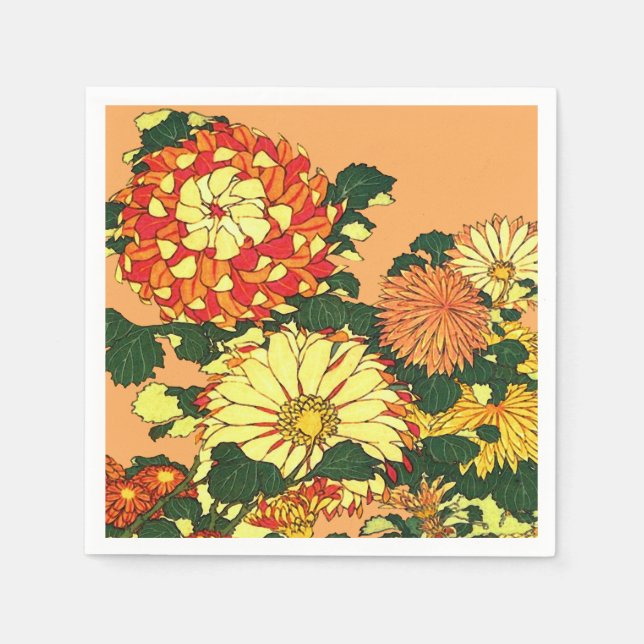 Japanese Flower Border, Mandarin Orange and Gold Napkin (Front)