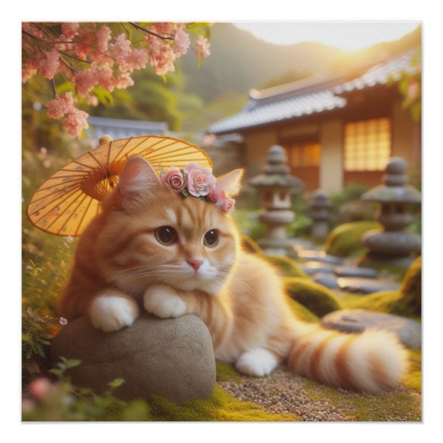 Japanese flowers and orange tabby cat poster (Front)