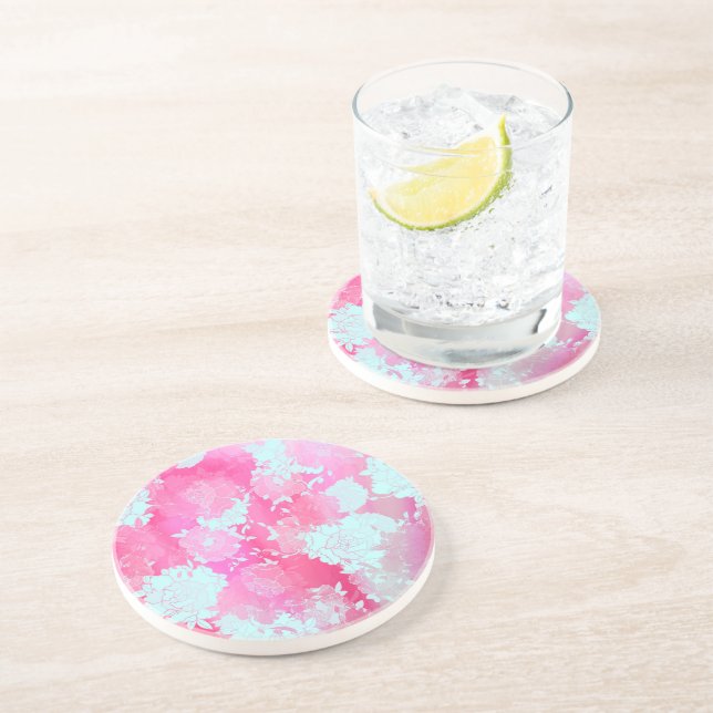 Japanese flowers blue patterns coaster (Side)