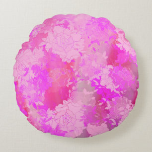 Japanese flowers pink patterns round cushion