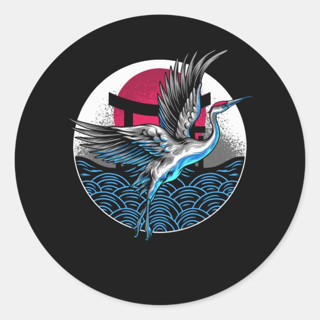 Japanese Flying Cranes with Japanese wavers Design Classic Round Sticker (Front)