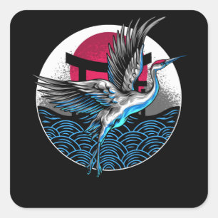 Japanese Flying Cranes with Japanese wavers Design Square Sticker