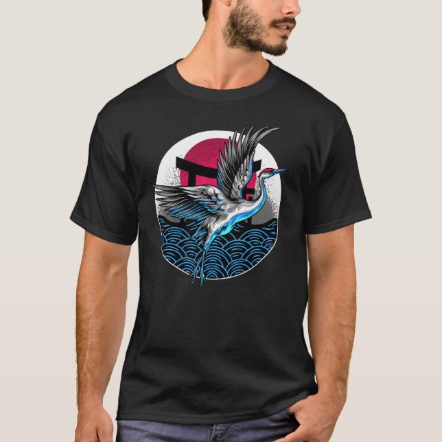 Japanese Flying Cranes with Japanese wavers Design T-Shirt (Front)