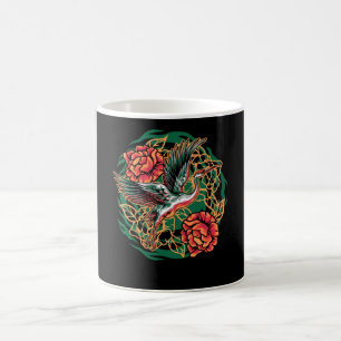 Japanese Flying Cranes with Roses Design Coffee Mug
