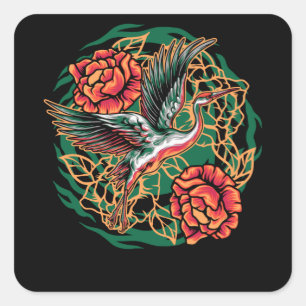 Japanese Flying Cranes with Roses Design Square Sticker