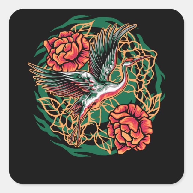 Japanese Flying Cranes with Roses Design Square Sticker (Front)