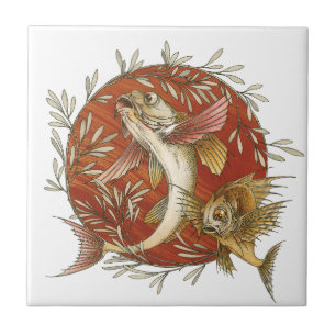 Japanese Flying Fish and Bamboo Leaves Vintage Art Ceramic Tile
