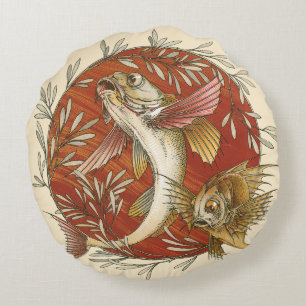 Japanese Flying Fish and Bamboo Leaves Vintage Art Round Cushion