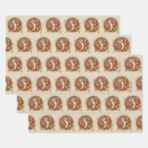 Japanese Flying Fish and Bamboo Leaves Vintage Art Wrapping Paper Sheet