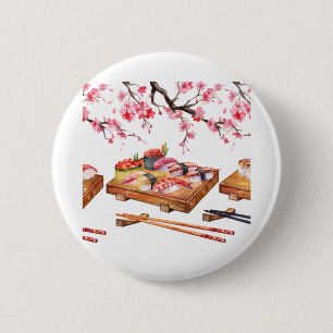 Japanese food sushi and blooming sakura 6 cm round badge