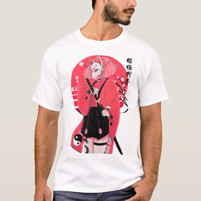 Japanese Fox Mask Girl Urban Vaporwave Style  T-Shirt (Front)