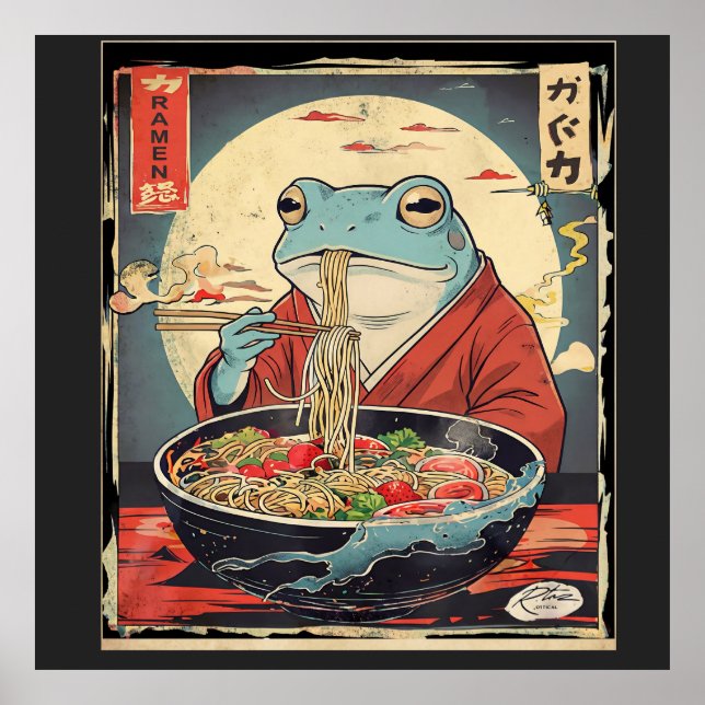 Japanese Frog Eating Ramen  for funny food lovers Poster (Front)