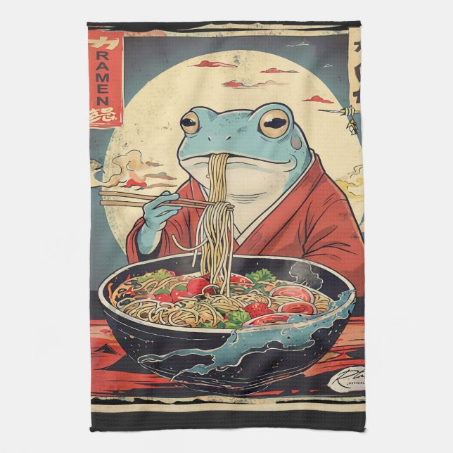 Japanese Frog Ramen Ukiyo-e Aesthetic Gift Tea Towel (Vertical)