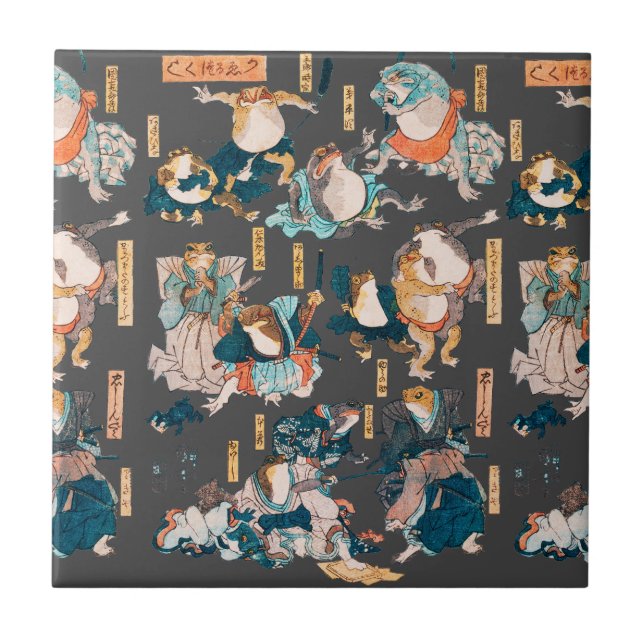 Japanese Frog ukiyo-e Froggies Ceramic Tile (Front)