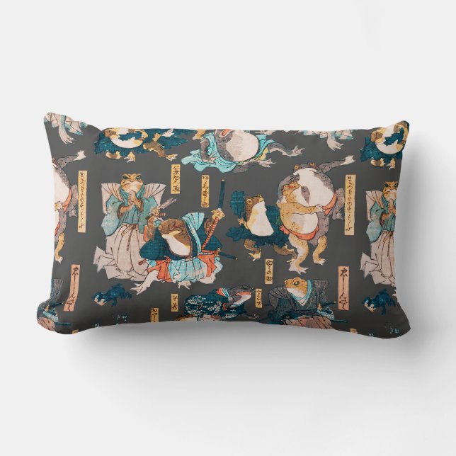 Japanese Frog ukiyo-e Froggies Lumbar Cushion (Front)