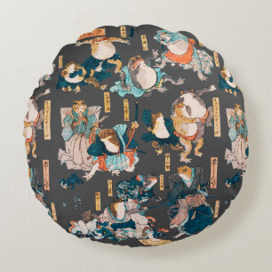 Japanese Frog ukiyo-e Froggies Round Cushion
