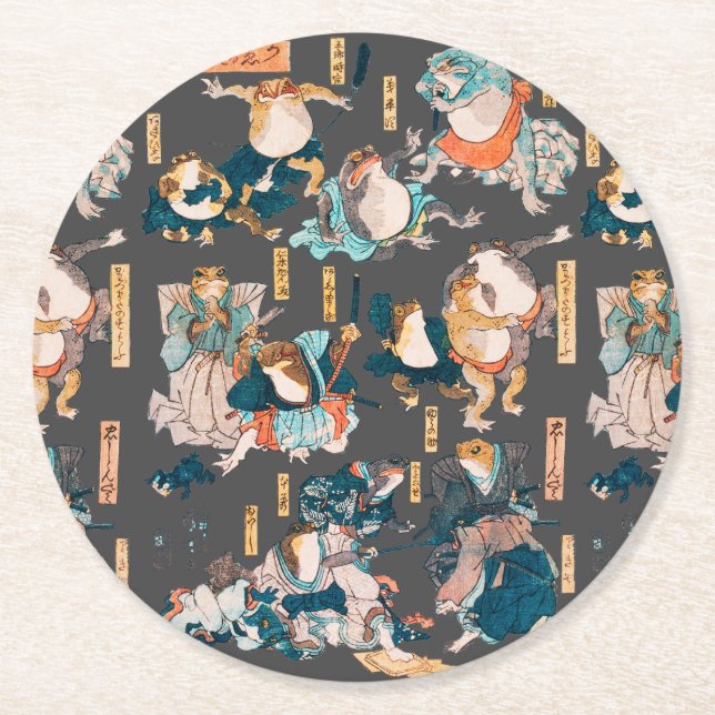 Japanese Frog ukiyo-e Froggies Round Paper Coaster (Front)