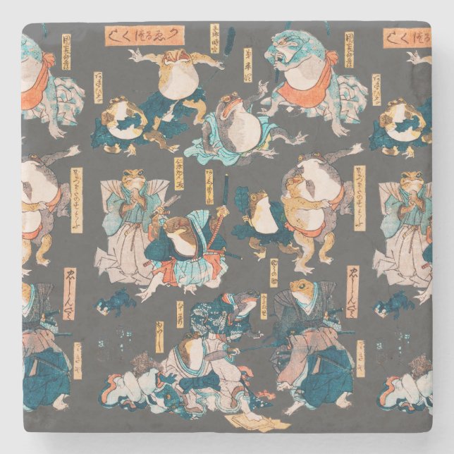 Japanese Frog ukiyo-e Froggies Stone Coaster (Front)