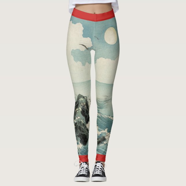japanese full moon wood block print Leggings (Front)