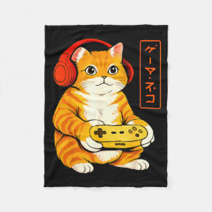 Japanese Gamer Cat Funny Vintage Gaming Gifts Men Fleece Blanket