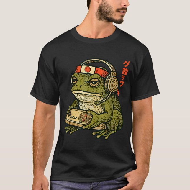 Japanese Gamer Frog Art Men Women Boys Funny Vinta T-Shirt (Front)