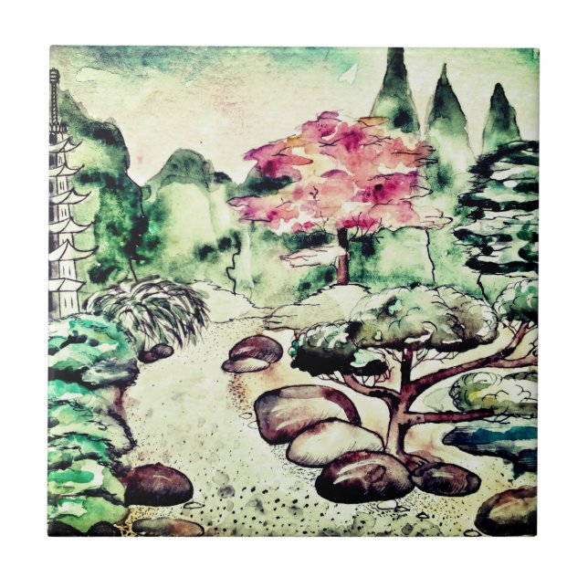 Japanese garden, beautiful drawing ceramic tile (Front)