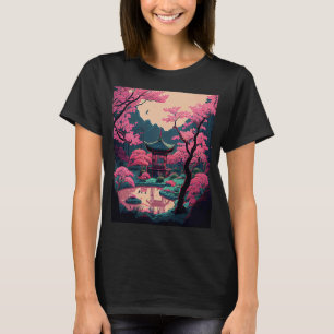 Japanese garden Cherry Blossom bridge shrine pink  T-Shirt