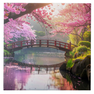Japanese Garden, Cherry Blossom Season. Ceramic Tile