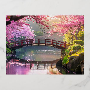 Japanese Garden, Cherry Blossom Season. Foil Holiday Postcard