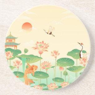 Japanese Garden Koi Pond and Waterlilies Art Coaster