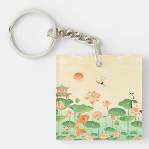 Japanese Garden Koi Pond and Waterlilies Art Key Ring