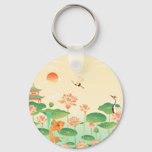 Japanese Garden Koi Pond and Waterlilies Art Key Ring