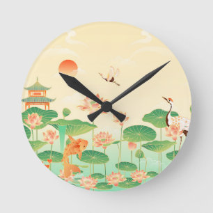Japanese Garden Koi Pond and Waterlilies Art Round Clock
