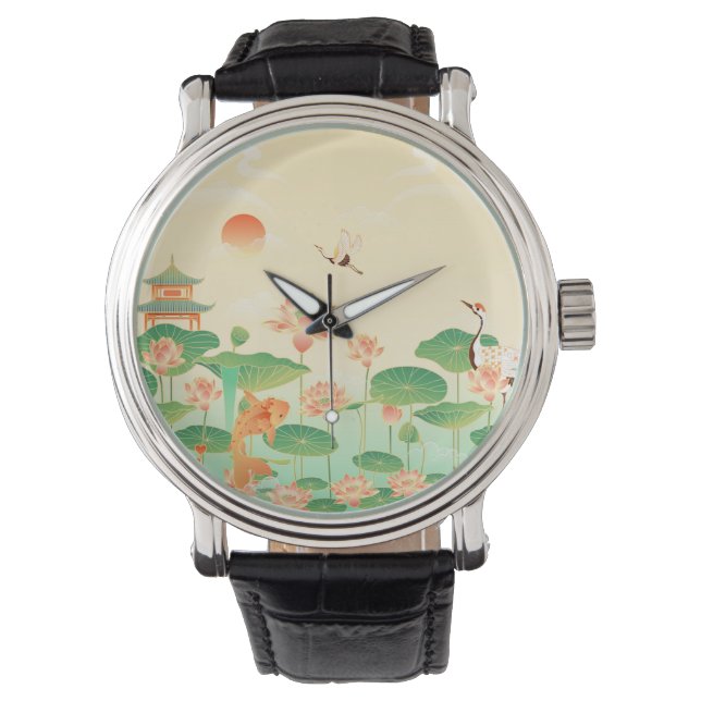 Japanese Garden Koi Pond and Waterlilies Art Watch (Front)