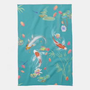 Japanese Garden Koi Pond in Teal Kitchen Towel