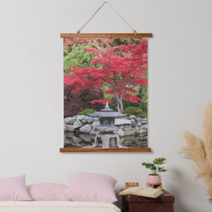 Japanese Garden Lantern and Red Maple Leaves Hanging Tapestry
