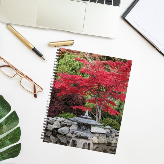 Japanese Garden Lantern and Red Maple Leaves Notebook (In Situ)
