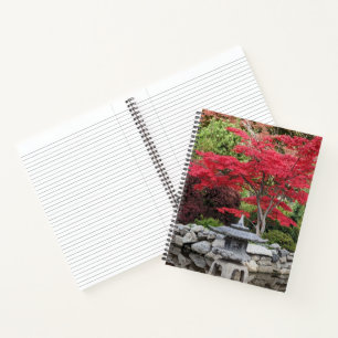 Japanese Garden Lantern and Red Maple Leaves Notebook