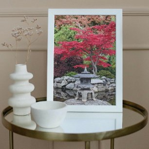 Japanese Garden Lantern and Red Maple Leaves Photo Print