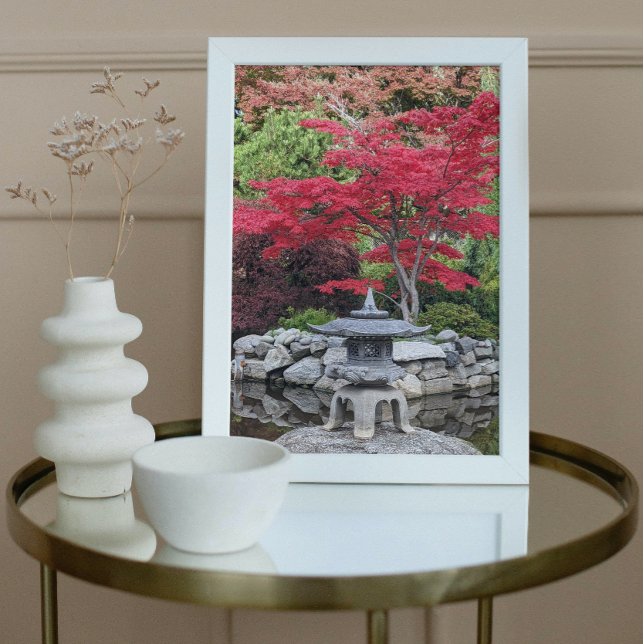 Japanese Garden Lantern and Red Maple Leaves Photo Print (In Situ Framed)