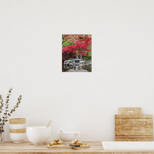 Japanese Garden Lantern and Red Maple Leaves Poster
