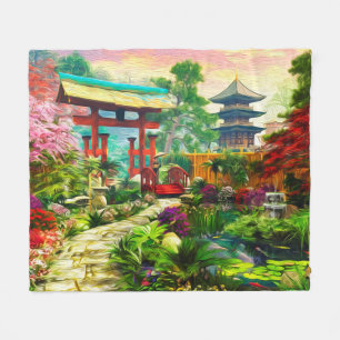 Japanese Garden Pagoda Sakura And Waterfall Fleece Blanket