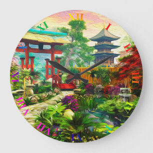 Japanese Garden Pagoda Sakura And Waterfall Large Clock