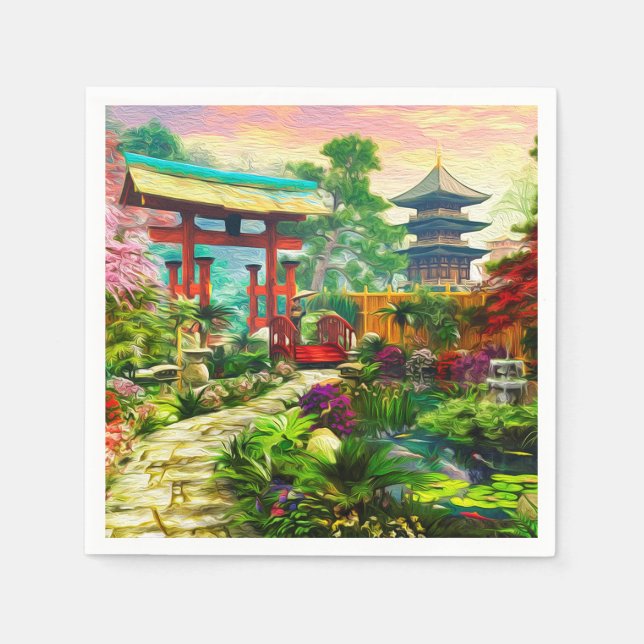 Japanese Garden Pagoda Sakura And Waterfall Napkin (Front)