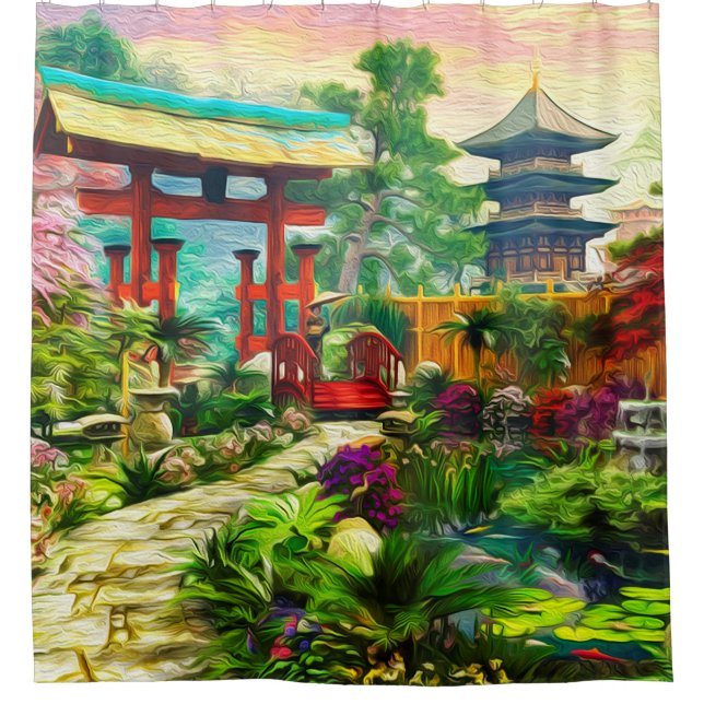 Japanese Garden Pagoda Sakura And Waterfall Shower Curtain (Front)